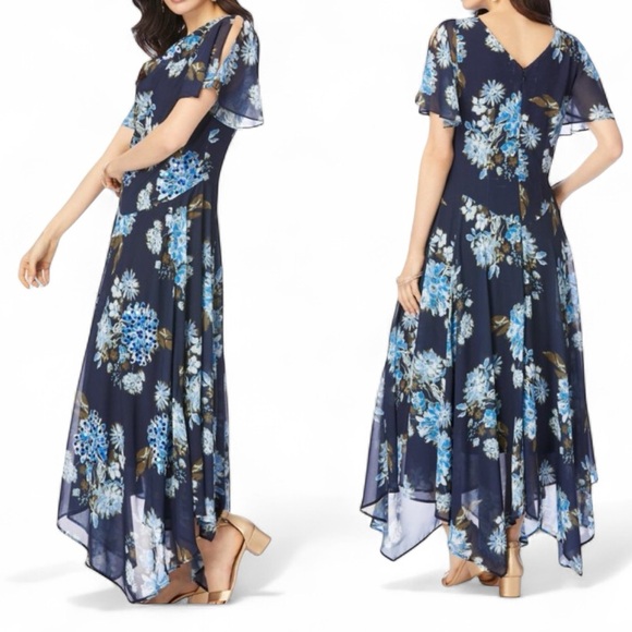 Roaman's Dresses & Skirts - Roaman's Floral Sequin Flutter Sleeve Gown Handkerchief Hem maxi dress 24w